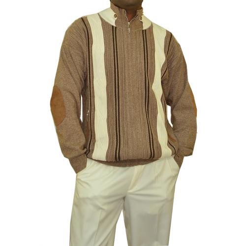 SilverSilk Walnut / Chocolate / Vanilla Knitted Front Zipper Stripes with Walnut Elbow Patch Sweater 5955